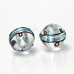 Czech Glass Lampwork Bead - Round 14MM ART DECO AQUA with  SILVER FOIL