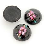 Glass Medium Dome Lampwork Cabochon - Round 18MM PINK ON JET (00555)