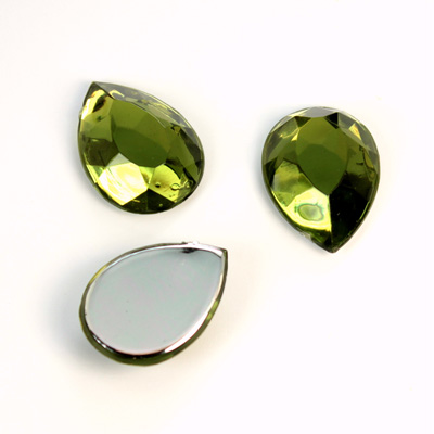 Plastic Flat Back Foiled Rose Cut Rhinestone - Pear 18x13MM OLIVINE