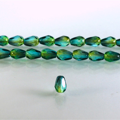 Czech Glass Fire Polish Bead - Pear 07x5MM Coated GREEN-YELLOW 69019