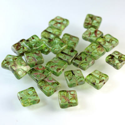 Czech Glass Fire Polish Bead Cut & Engraved Window 10x10MM PERIDOT with DIFFUSION COATING