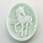 Plastic Cameo - Unicorn Oval 40x30MM WHITE ON MINT GREEN FS