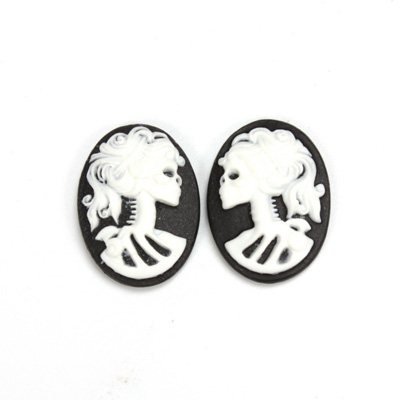 Plastic Cameo - Skeleton, Lolita Oval 18x13MM WHITE ON BLACK