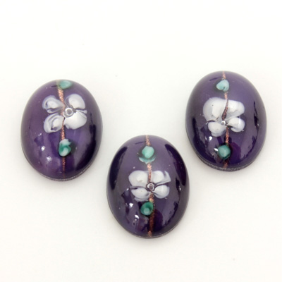 Glass Medium Dome Lampwork Cabochon - Oval 18x13MM WHITE ON AMETHYST (00569)