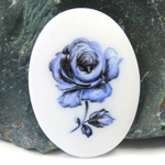 German Glass Porcelain Decal Painting - Blue Rose Oval 40x30MM CHALKWHITE BASE