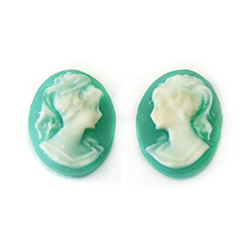 Plastic Cameo - Woman with Ponytail Oval 10x8MM IVORY ON DARK GREEN