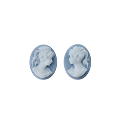 Plastic Cameo - Woman with Ponytail Oval 10x8MM WHITE ON BLUE