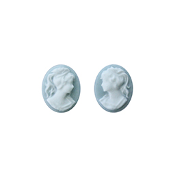 Plastic Cameo - Woman with Ponytail Oval 10x8MM WHITE ON VINTAGE BLUE