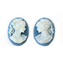 Plastic Cameo - Woman with Ponytail Oval 18x13MM WHITE ON DARK BLUE