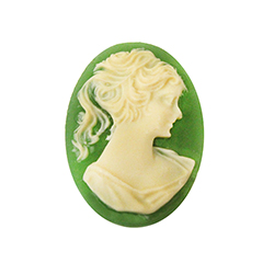 Plastic Cameo - Woman with Ponytail Oval 25x18MM IVORY ON DARK GREEN