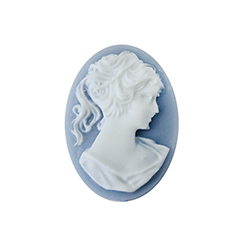 Plastic Cameo - Woman with Ponytail Oval 25x18MM WHITE ON BLUE