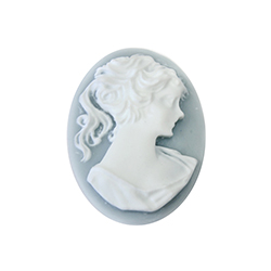 Plastic Cameo - Woman with Ponytail Oval 25x18MM WHITE ON VINTAGE BLUE