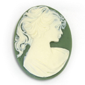 Plastic Cameo - Woman with Ponytail Oval 40x30MM IVORY ON GREEN