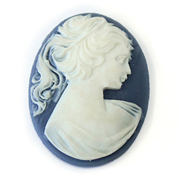Plastic Cameo - Woman with Ponytail Oval 40x30MM WHITE ON DARK BLUE