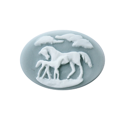 Plastic Cameo - Horses Oval 25x18MM WHITE ON VINTAGE BLUE