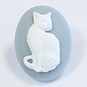 Plastic Cameo - Cat Sitting Oval 40x30MM WHITE ON VINTAGE BLUE