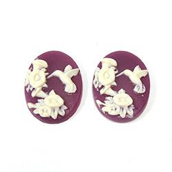 Plastic Cameo - Hummingbird Oval 18x13MM IVORY on DARK PURPLE