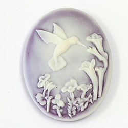 Plastic Cameo - HuMMingbird with Flowers Oval 40x30MM IVORY on PURPLE FROST EFFECT