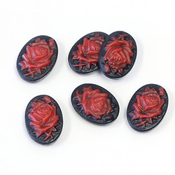 Plastic Cameo - Rose Flower - B Quality - Oval 18x13MM RED ON BLACK