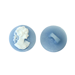 Plastic Button with Cameo - Woman with Ponytail Round 18MM WHITE ON BLUE