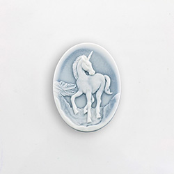 Plastic Cameo - Unicorn Oval 25x18MM WHITE ON ROYAL BLUE FS