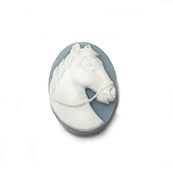 Plastic Cameo - Horse Head with Bridle Oval 14x10MM WHITE ON WEDGEWOOD BLUE Right Facing