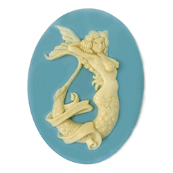 Plastic Cameo - Mermaid Swimming Oval 40x30MM IVORY ON TURQUOISE