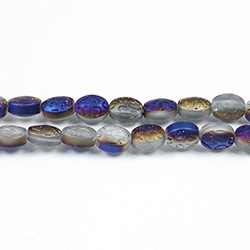 Glass Lampwork Bead Engraved - Oval 10x8MM MATTE CRYSTAL 1/2 BLUE