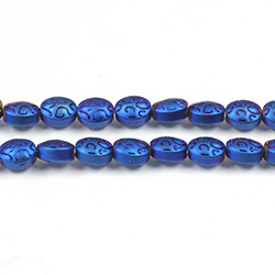 Glass Lampwork Bead Engraved - Oval 10x8MM MATTE FULL METALLIC BLUE