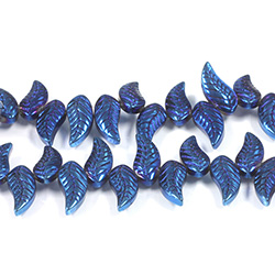 Glass Lampwork Bead Engraved - Leaf 8X18MM FULL METALLIC BLUE