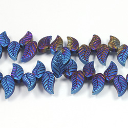 Glass Lampwork Bead Engraved - Leaf 8X18MM MATTE FULL METALLIC BLUE