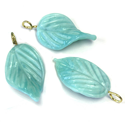 Glass Pendant Leaf with Brass Loop 24x14MM LT BLUE TURQUOISE