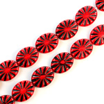 Czech Pressed Glass Engraved Bead - Oval 14x11MM BLACK ON RED