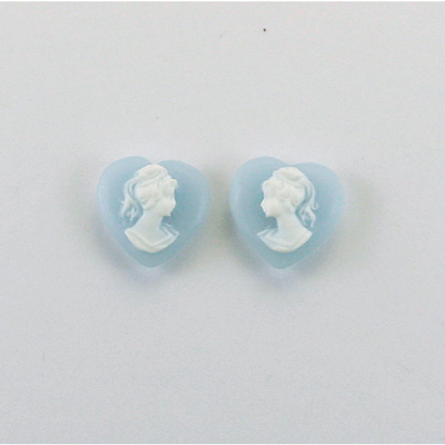 Plastic Cameo - Woman with Ponytail Heart 11x10MM WHITE ON BLUE