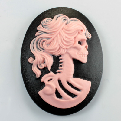 Plastic Cameo - Skeleton, Lolita Oval 40x30MM PINK ON BLACK