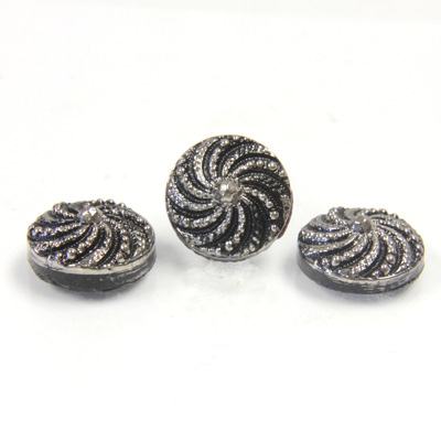 Glass Flat Back Engraved Button Top - Round 13.5MM MARCASITE on JET