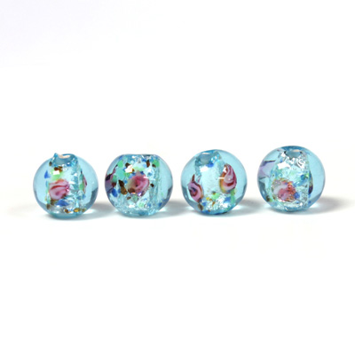 Czech Glass Lampwork Bead - Smooth Round 08MM Flower ON AQUA with  SILVER FOIL