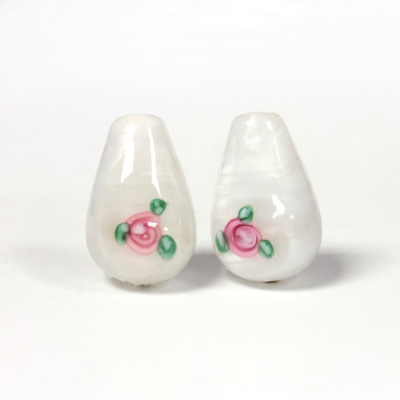 Czech Glass Lampwork Bead - Pear Smooth 18x12MM Flower PINK ON WHITE (00048)