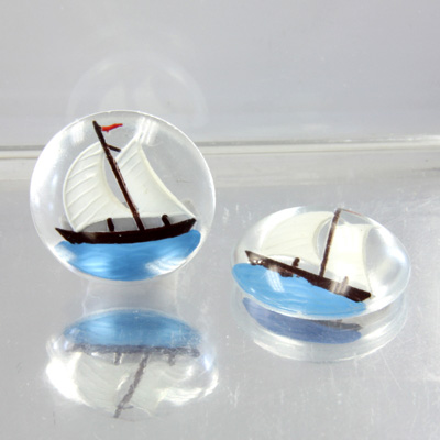 Glass Crystal Painting with Carved Intaglio Sailboat - Round 18MM NATURAL on CRYSTAL