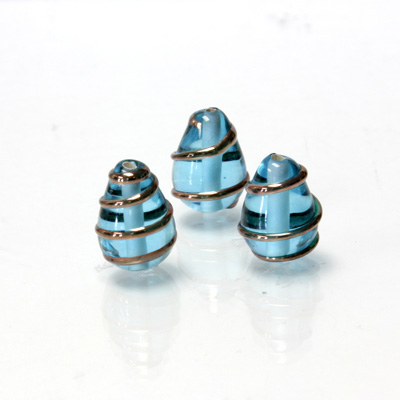 Czech Glass Lampwork Bead - Pear 13x9MM COPPER WRAP AQUA