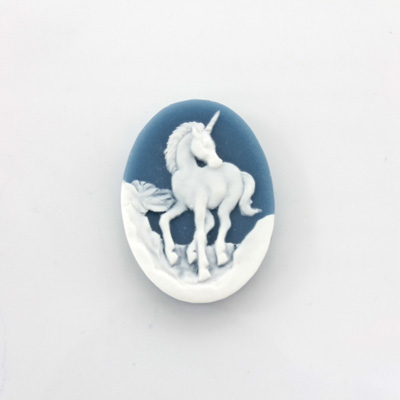 Plastic Cameo - Unicorn Oval 25x18MM WHITE ON ROYAL BLUE