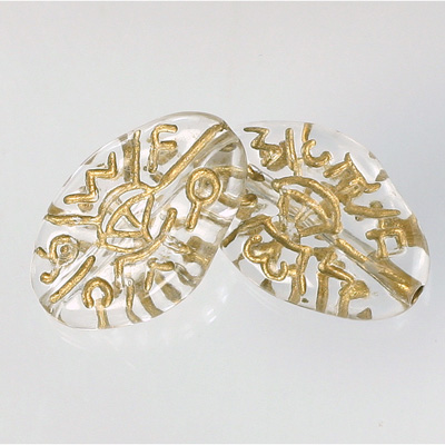 Plastic Engraved Bead - Flat Oval Irregular 27x18MM GOLD on CRYSTAL