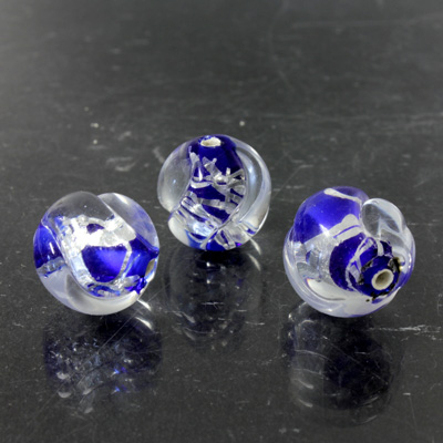 Czech Glass Lampwork Bead - Round Twist 12MM CRYSTAL with SAPPHIRE AND SILVER SWIRL