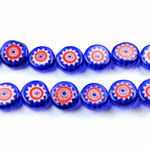 Glass Millefiori Bead - Flat Round 10x4MM BLUE WHITE RED (04)