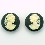 Plastic Cameo - Woman with Ponytail Round 18MM IVORY ON BLACK