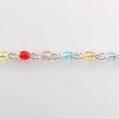 Linked Bead Chain Rosary Style with Glass Fire Polish Bead - Round 4MM PASTEL MIX-SILVER