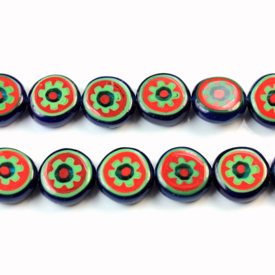 Glass Millefiori Bead - Flat Round 10x4MM BLUE GREEN RED (25)