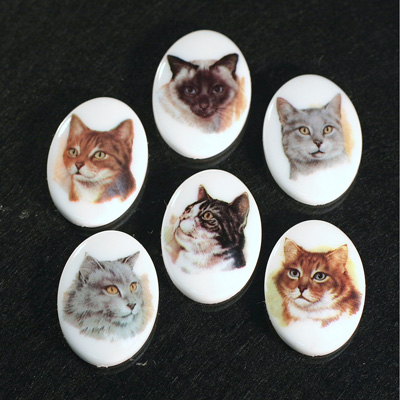 German Plastic Porcelain Decal Painting - Cats Oval 25x18MM ON CHALKWHITE BASE