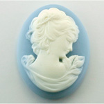 Plastic Cameo - Woman with Drop Earring Oval 40x30MM WHITE ON BLUE