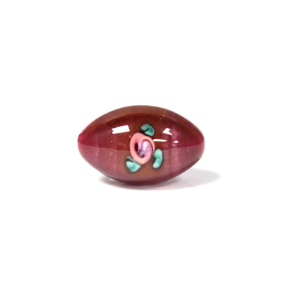 Czech Glass Lampwork Bead - Oval Smooth 20x12MM Flower PINK ON PURPLE (70123)